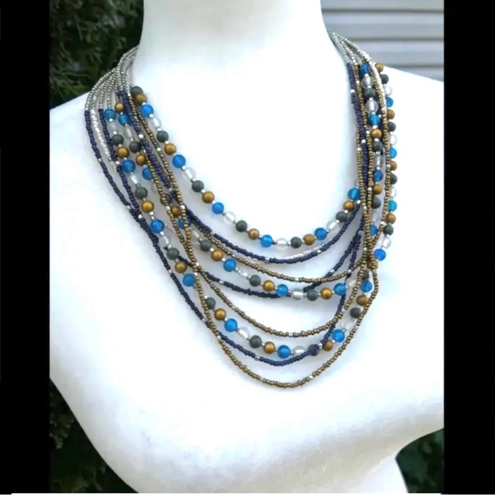 Vintage Egypt-Inspired Statement Necklace | Layered Turquoise Navy Gold Beads - Picture 7 of 12